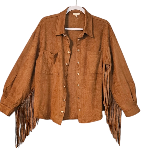 Jodifl Women's Brown Solid Fringed Faux Suede Button Down Size L - Picture 2 of 8